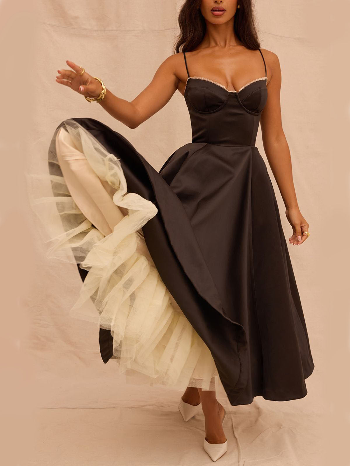 Eclipse Corset Gown – A vintage-inspired black corset dress with a structured bodice, satin finish, and elegant lace trim.