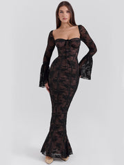 Arabella Long Sleeve Lace Maxi Dress - Black, front pose highlighting corset bodice, sheer lace fabric, and bell sleeves.