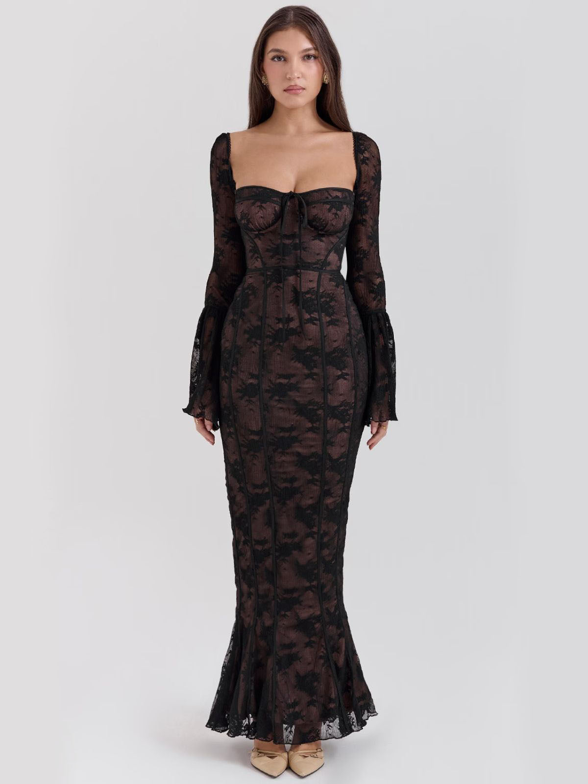Arabella Long Sleeve Lace Maxi Dress - Black, front view showcasing elegant lace details and bell sleeves.