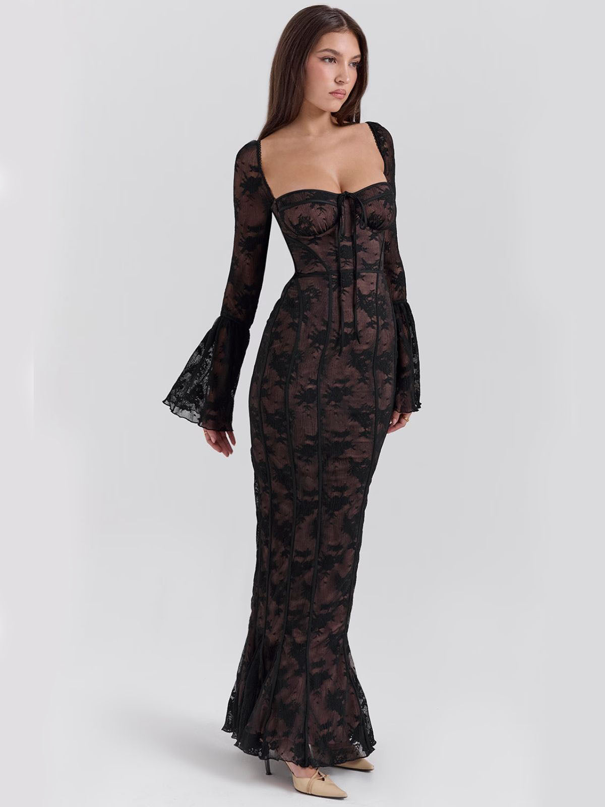 Arabella Long Sleeve Lace Maxi Dress - Black, close-up shot showing intricate lace details and romantic bell sleeves.
