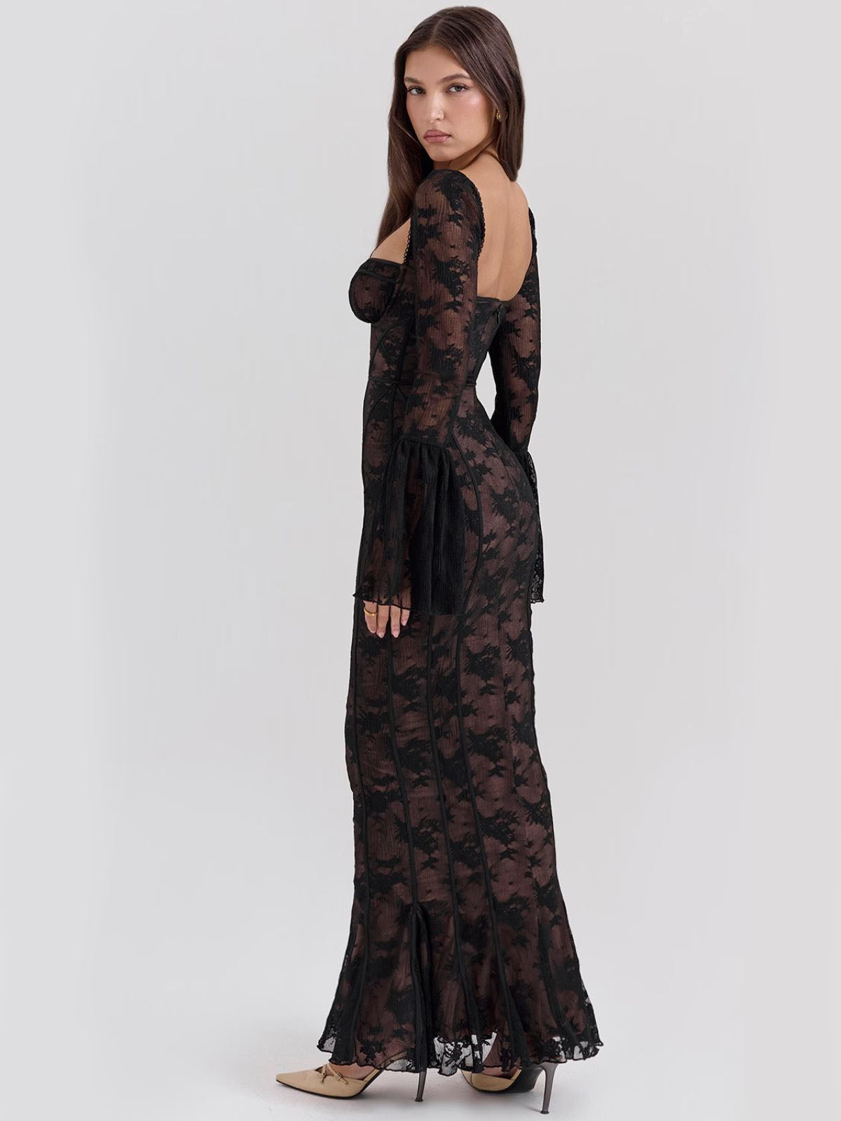 Arabella Long Sleeve Lace Maxi Dress - Black, side profile highlighting figure-hugging fit and high-waisted silhouette.