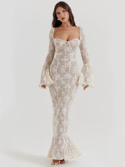 Arabella Long Sleeve Lace Maxi Dress - White, front view featuring delicate lace details, fitted bodice, and dramatic bell sleeves.