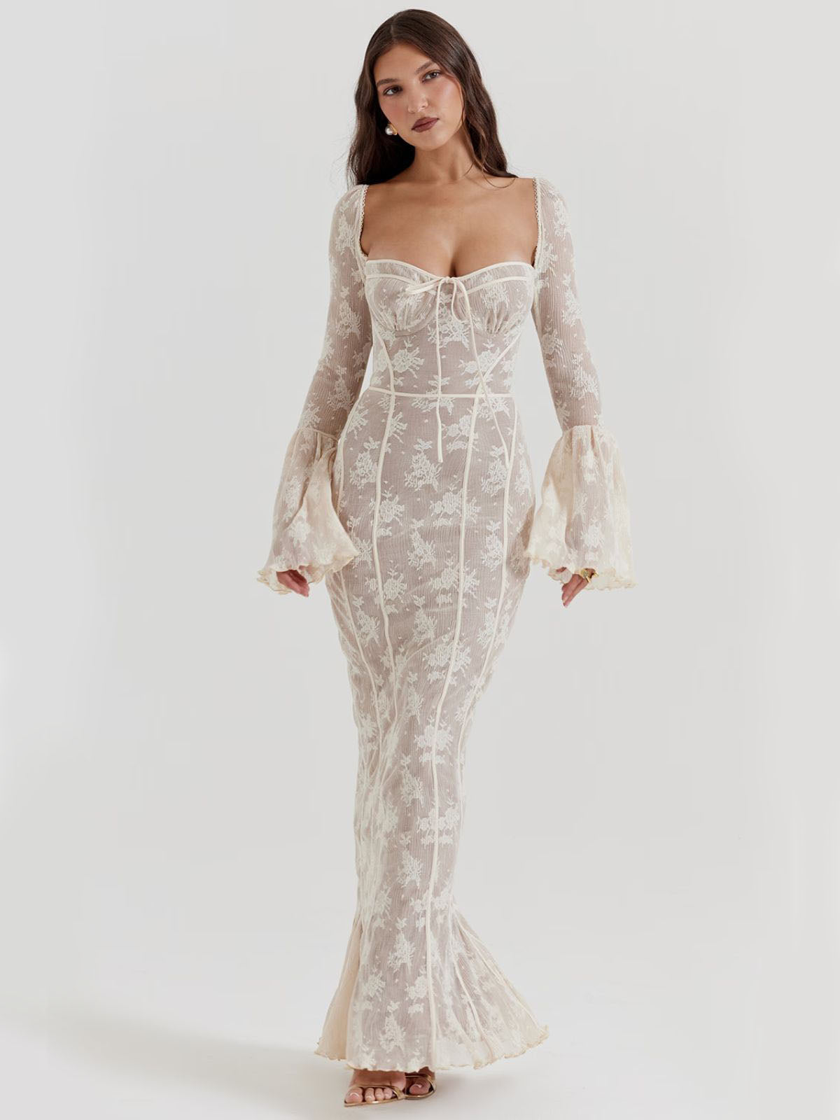 Arabella Long Sleeve Lace Maxi Dress - White, front view featuring delicate lace details, fitted bodice, and dramatic bell sleeves.