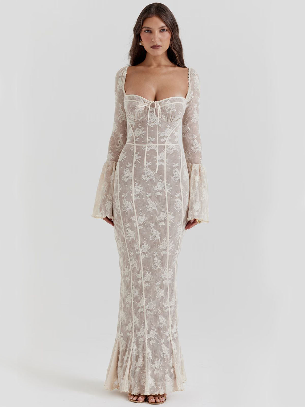 Arabella Long Sleeve Lace Maxi Dress - White, full-length shot showcasing sophisticated design, lace elegance, and maxi silhouette.