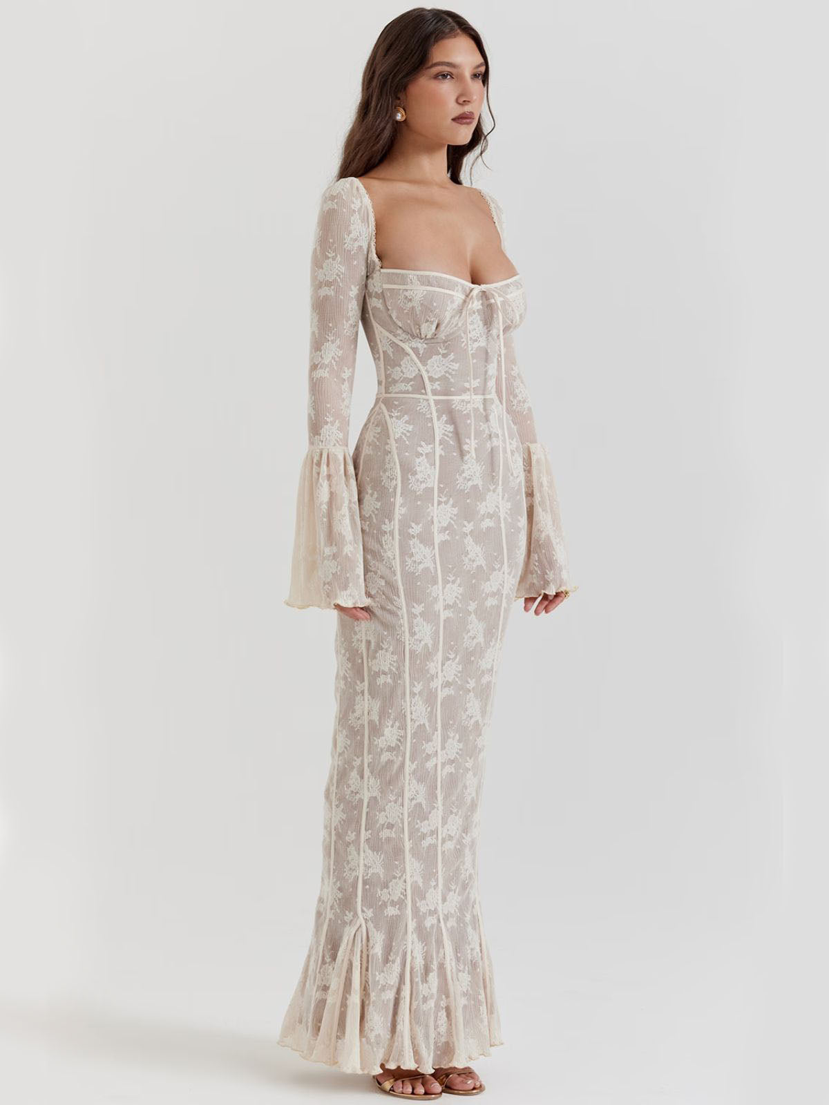 Arabella Long Sleeve Lace Maxi Dress - White, side pose with bell sleeves and flattering high-waisted fit for a romantic look.