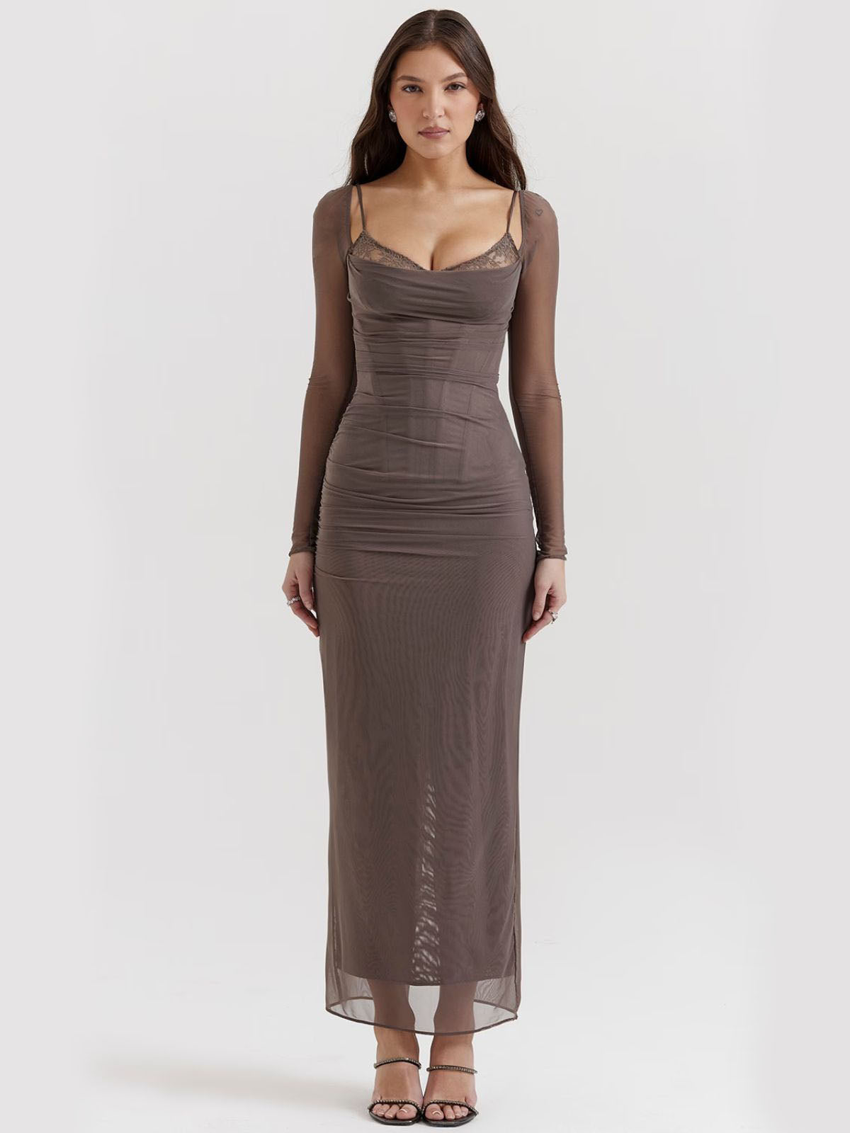 Gray lace maxi dress with a figure-hugging silhouette and mesh sleeves, a sophisticated dress for special events.
