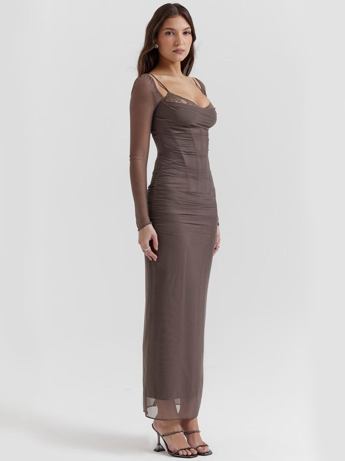 Gray lace maxi dress with sheer long sleeves and delicate lace trim, an elegant addition to any wardrobe.