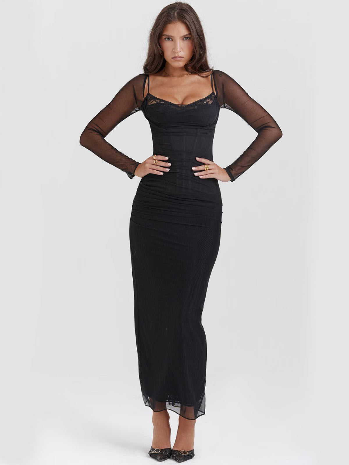 Sable black lace maxi dress featuring sheer sleeves and a body-hugging fit, a perfect choice for a night out.