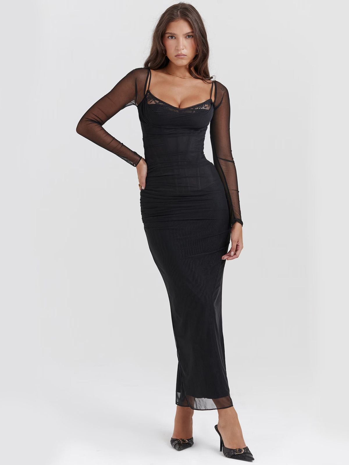 Sable black lace maxi dress front view with long sheer sleeves and lace detailing, ideal for formal occasions.