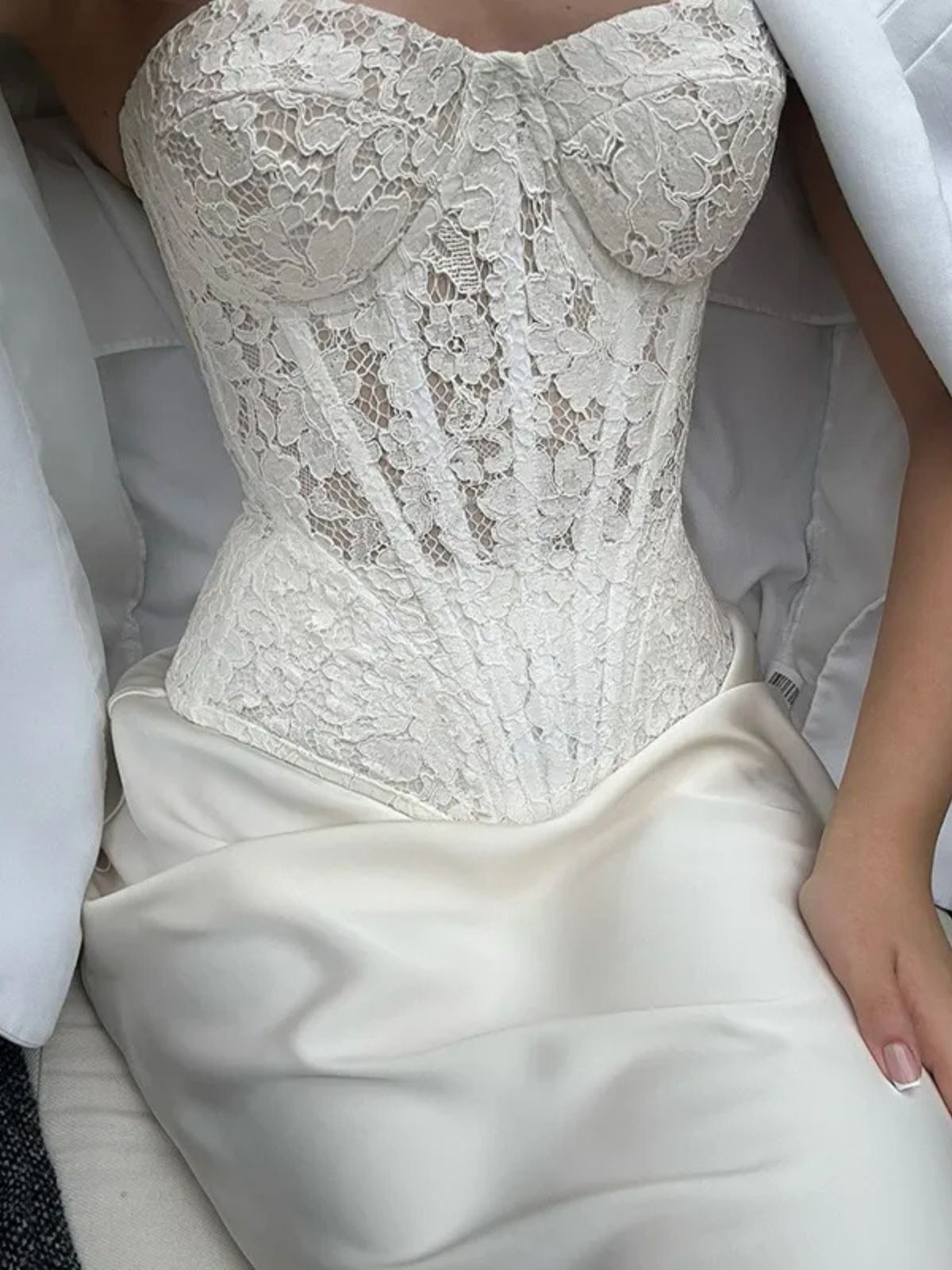 Bandeau Corset Dress highlighting lace and satin details for a sophisticated look.