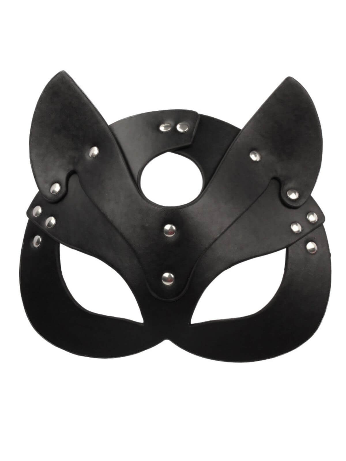 BDSM mask black cat ear design with silver studs and eye cut-outs, front view