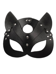 BDSM mask black cat ear design with silver studs and eye cut-outs, front view