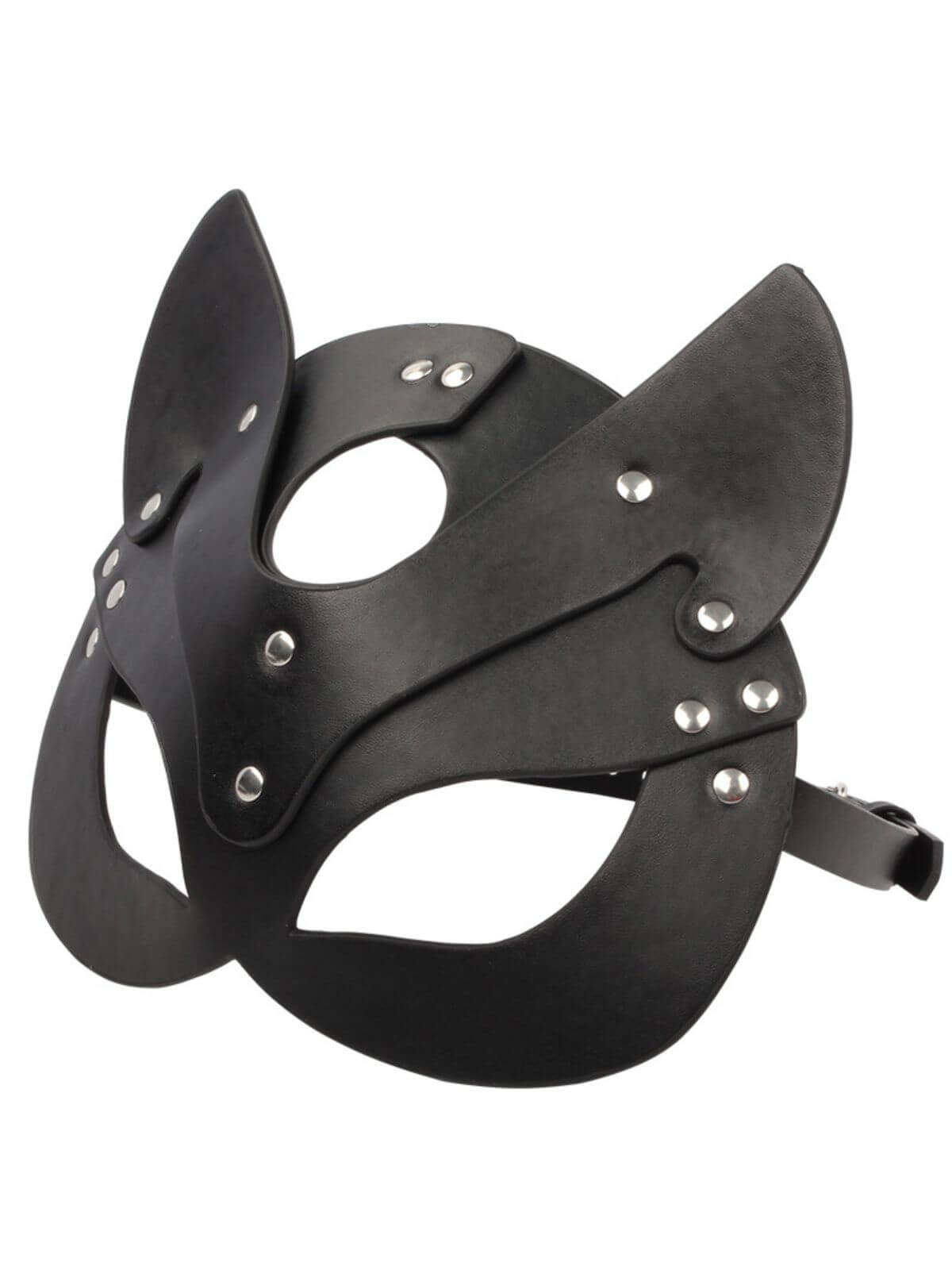 BDSM mask black cat ear style with silver studs and adjustable strap, side view