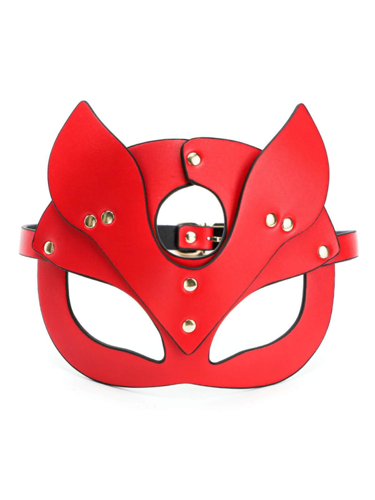 BDSM mask red cat ear design with gold studs and adjustable strap, front view