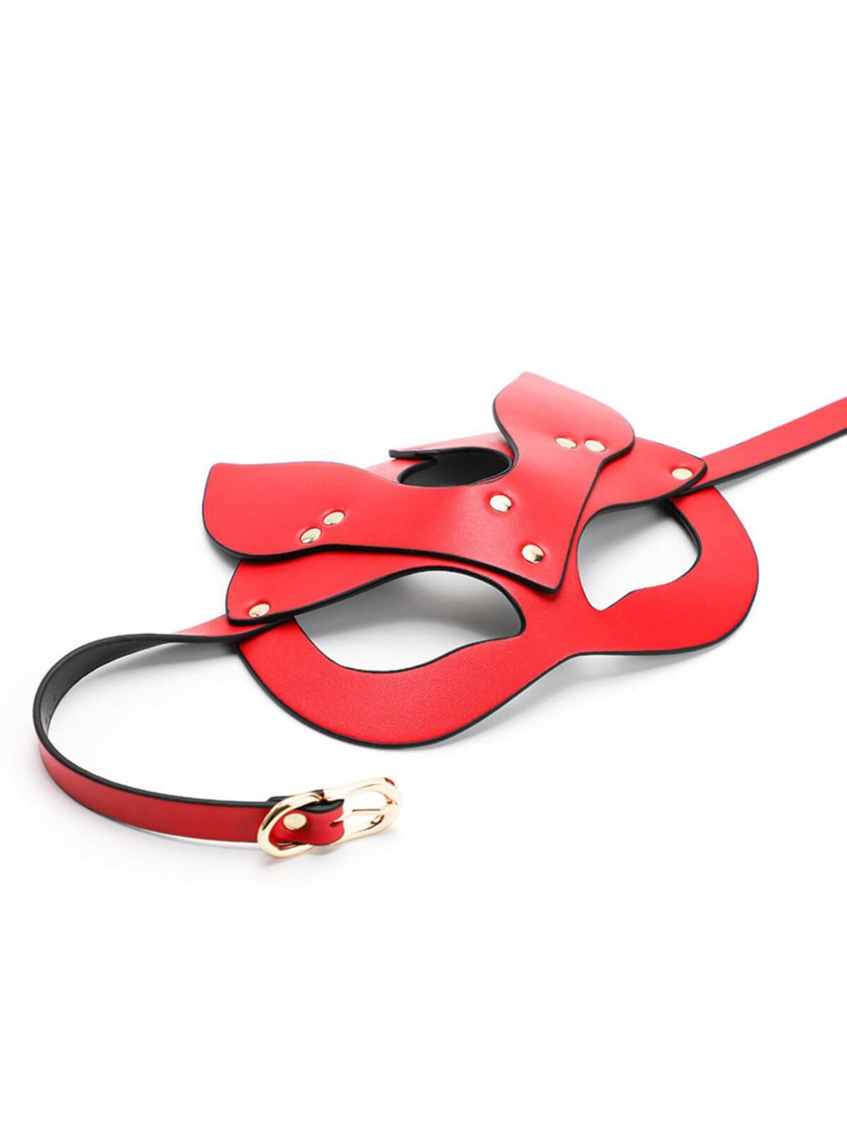 BDSM mask red cat ear design with gold buckle strap and layered detail