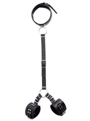 bdsm restraints black collar and wrist cuff set with adjustable buckle straps