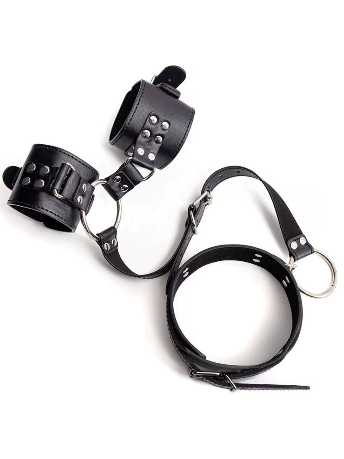 bdsm restraints black leather collar and cuff set with silver ring hardware detail