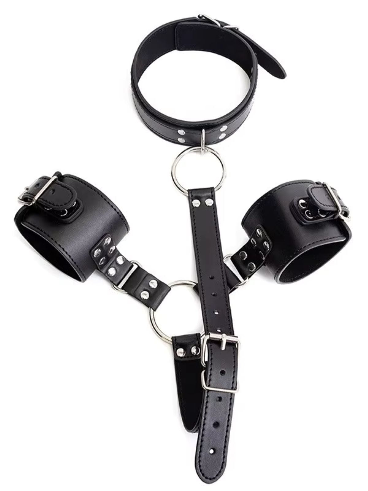 bdsm restraints collar and cuffs front view with black straps and silver ring details