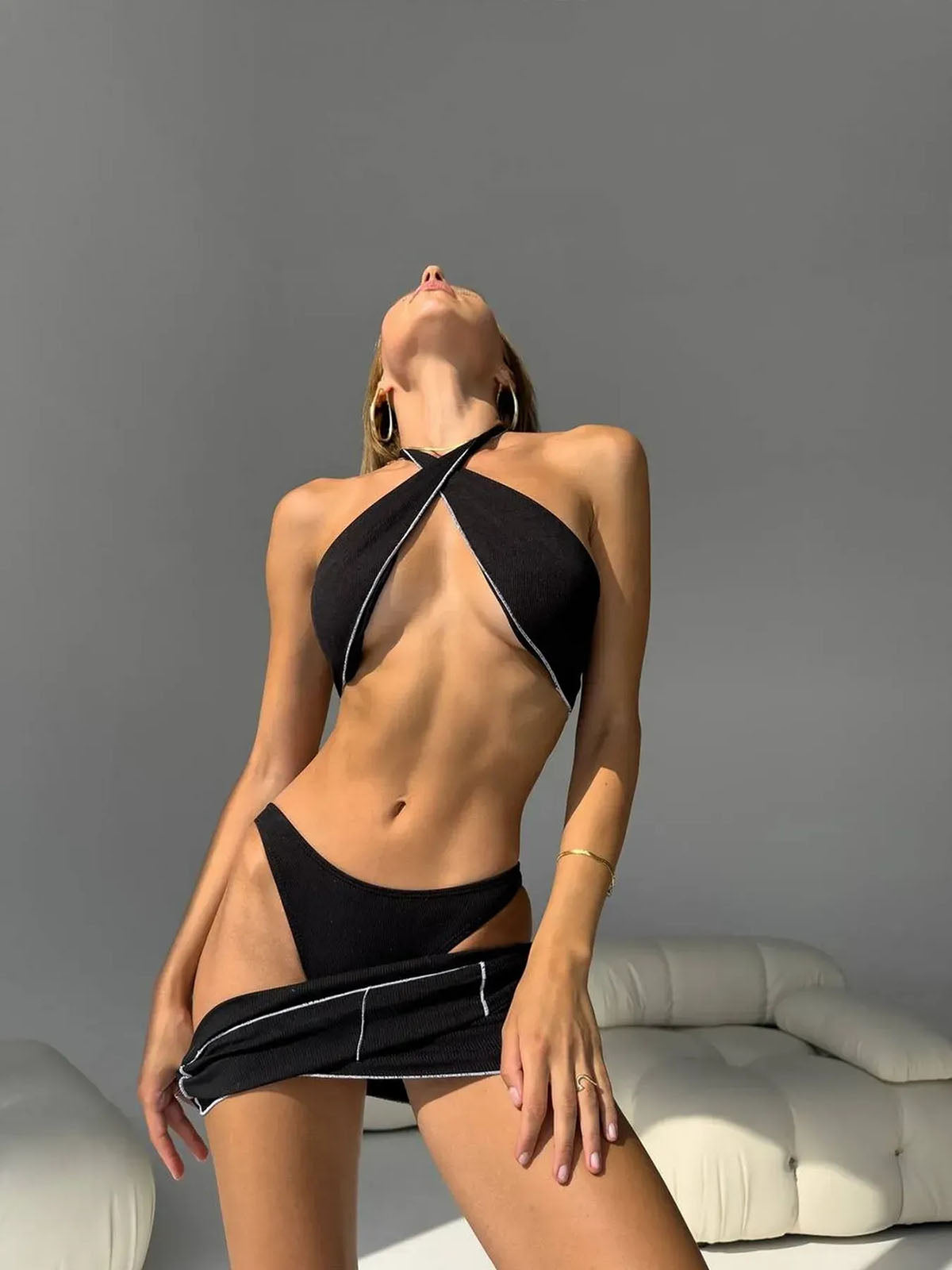 Bikini Skirt Set Black front view featuring halter cross-front cutout top and matching bottoms