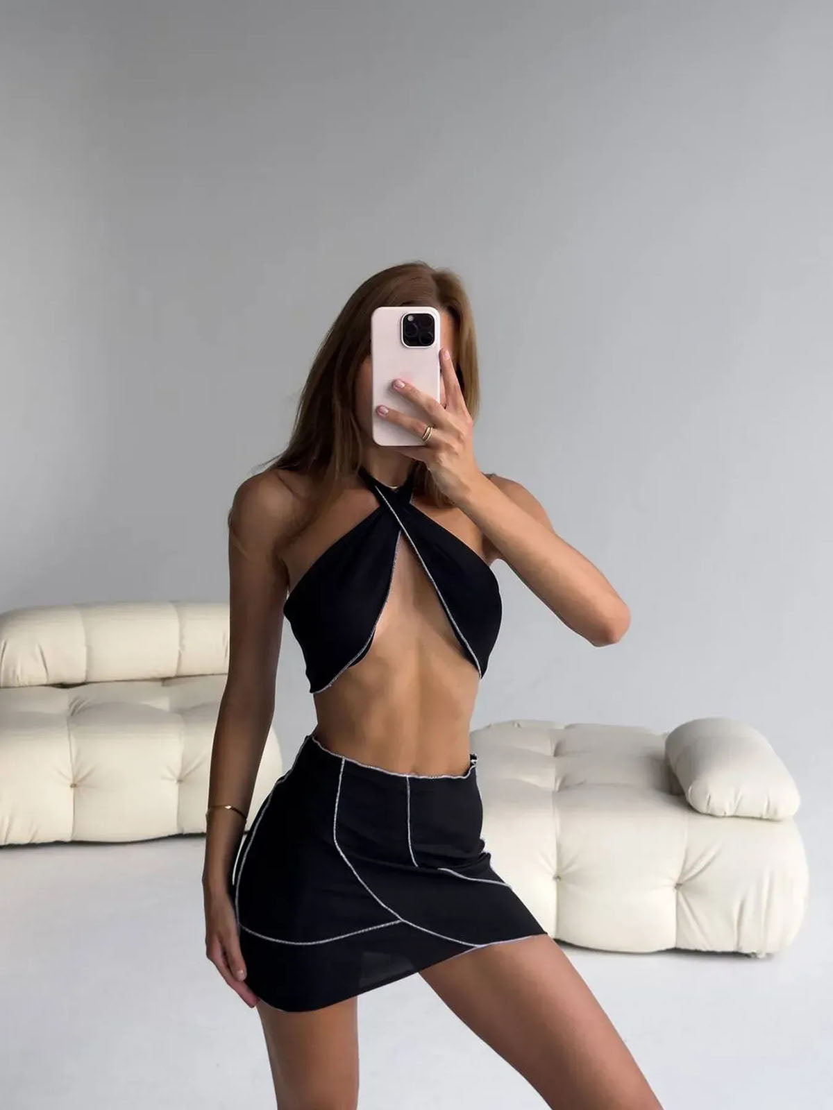 Bikini Skirt Set Black full look mirror selfie showing matching mini skirt cover-up and halter top