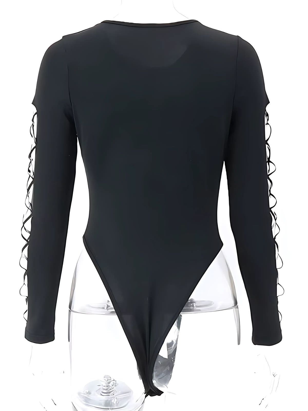 Back view of a black cut out bodysuit showcasing a sleek and minimalistic design.