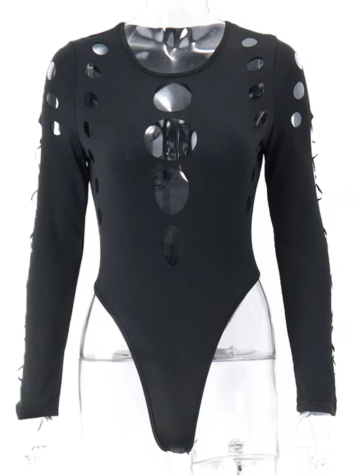 Front view of a black cut out bodysuit featuring bold cutouts and a slim fit design.
