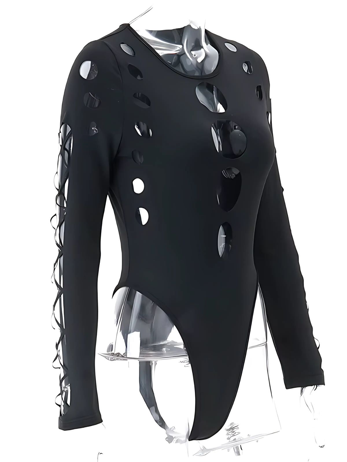Side profile of a black cut out bodysuit with stylish sleeve lace-up detailing.