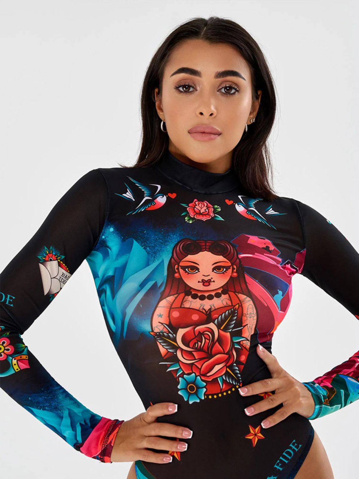 Black mesh bodysuit front view with vibrant artistic print and long sleeves, perfect for street fashion.