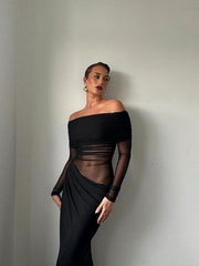 Black Orchid Off-Shoulder Dress, elegant long-sleeve design, perfect for a sophisticated evening look.