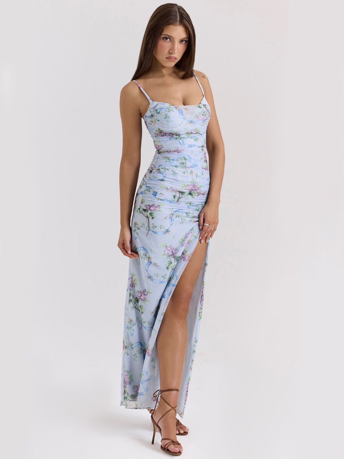 Blue Floral Maxi Dress – Skye angled front view showing ruched mesh and elegant side slit for movement