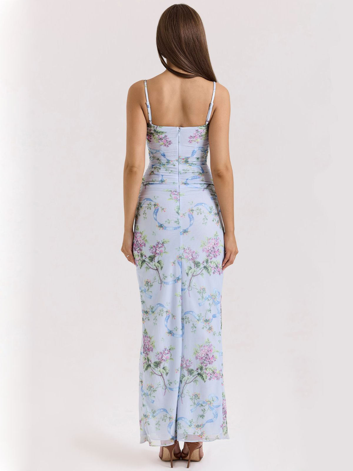 Blue Floral Maxi Dress – Skye back view with slim straps and maxi length, lightweight mesh floral fabric