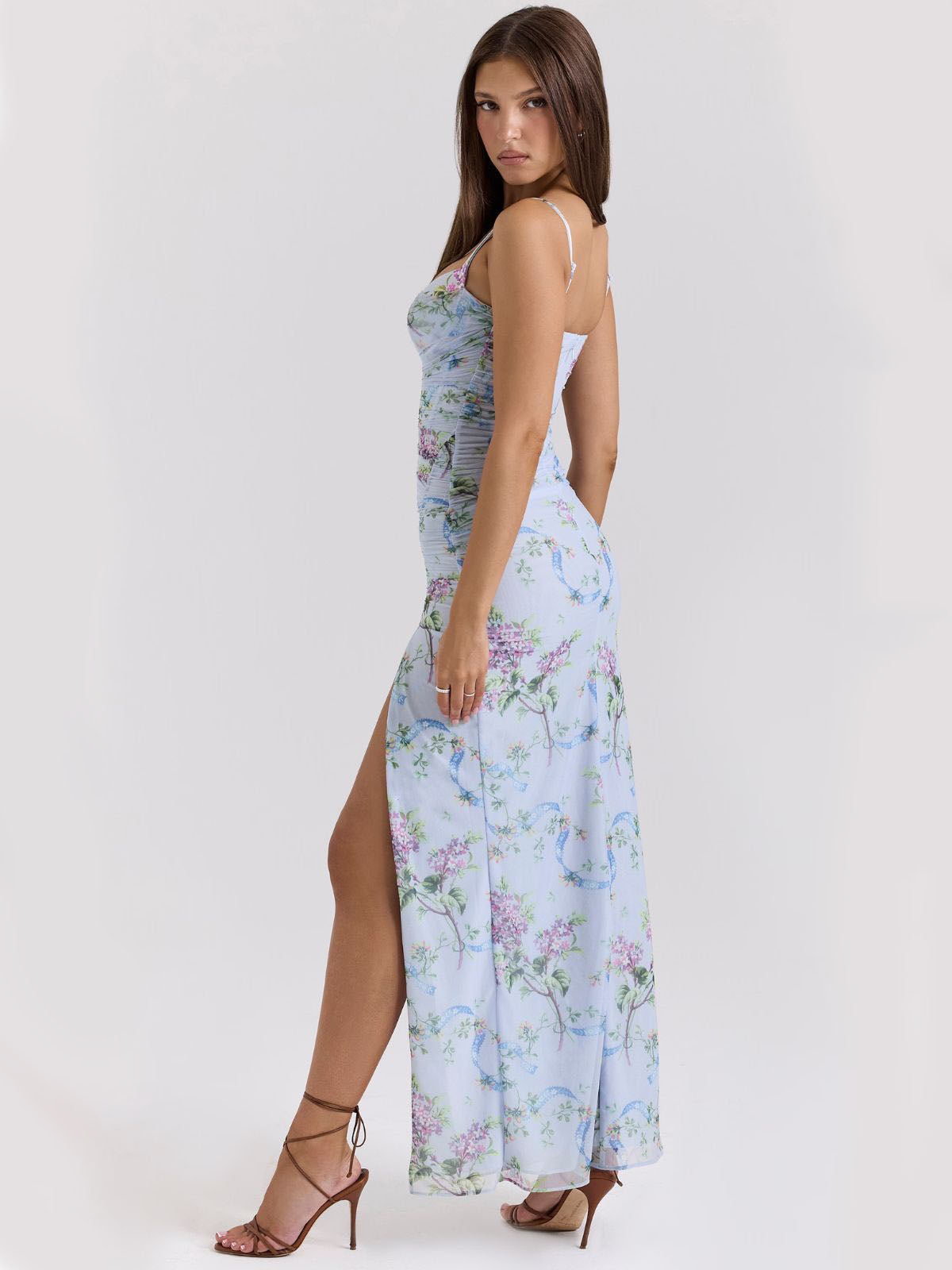 Blue Floral Maxi Dress – Skye side view with high slit and ruched mesh silhouette, spaghetti straps