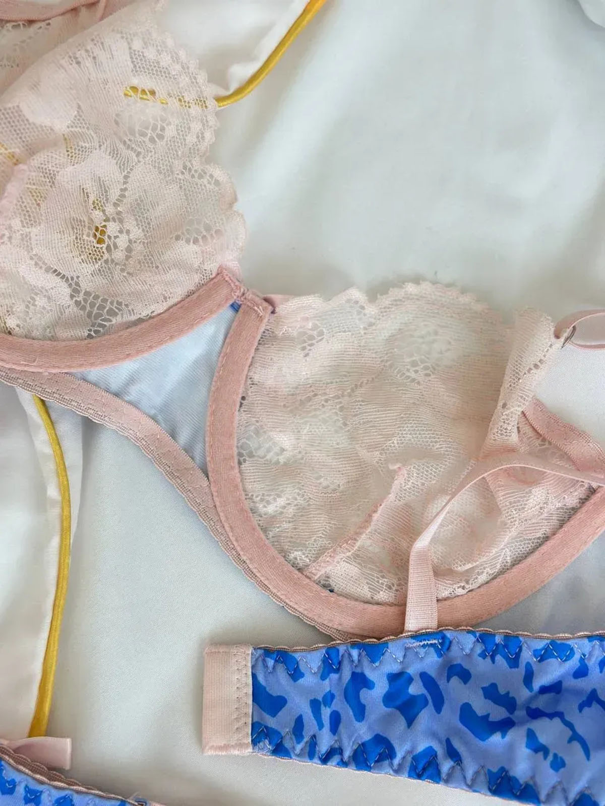 blue lingerie set close-up of lace underwire bra with blue print and soft pink trim