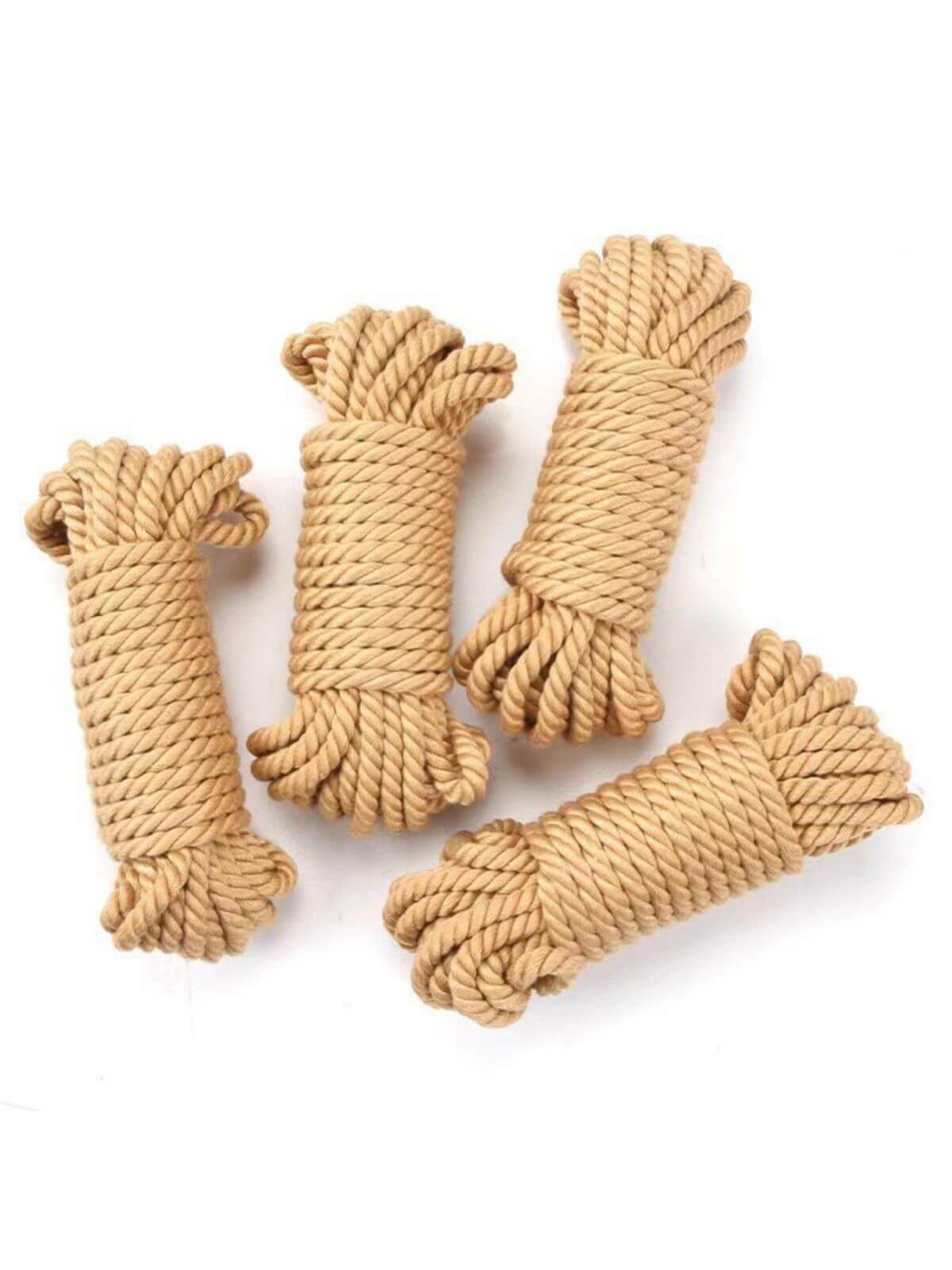 Bondage rope set in natural beige cotton linen blend for decorative adult rope styling and roleplay
