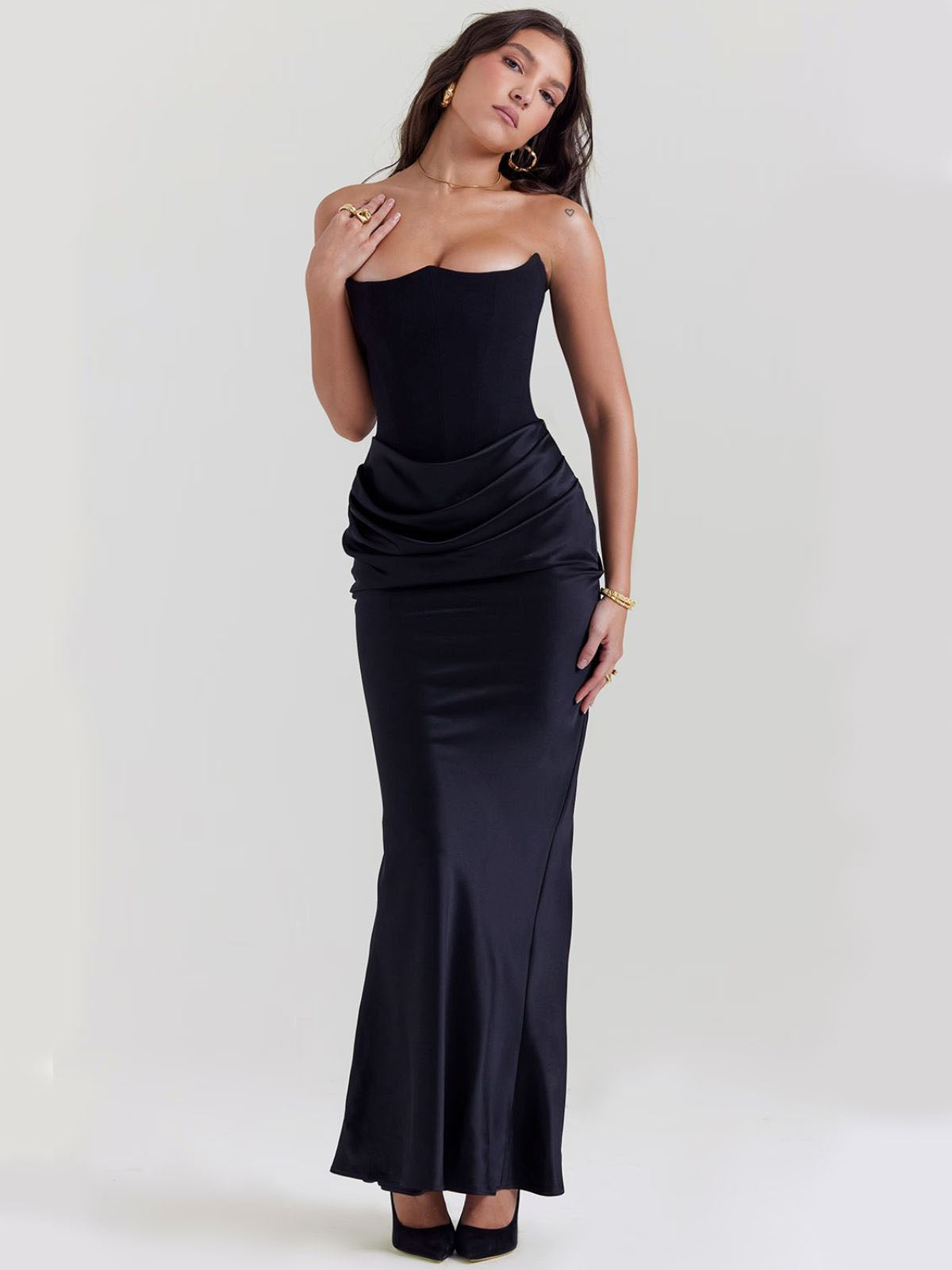 Celestine Corset Maxi Dress - Black, front view highlighting draped satin details and a figure-hugging corset design.