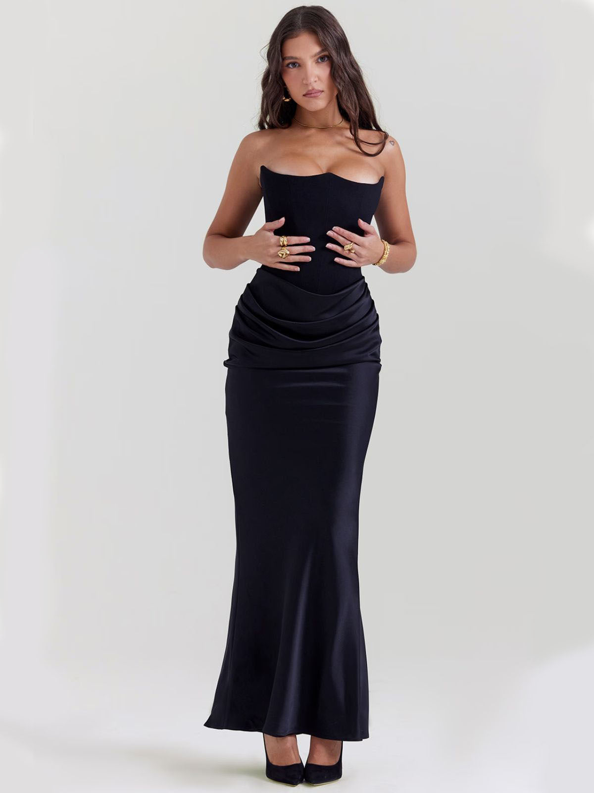 Celestine Corset Maxi Dress - Black, front pose highlighting the strapless corset bodice and draped satin skirt.