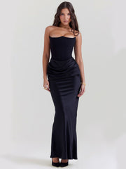 Celestine Corset Maxi Dress - Black, front angle showing the fitted corset bodice and luxurious draped satin skirt.