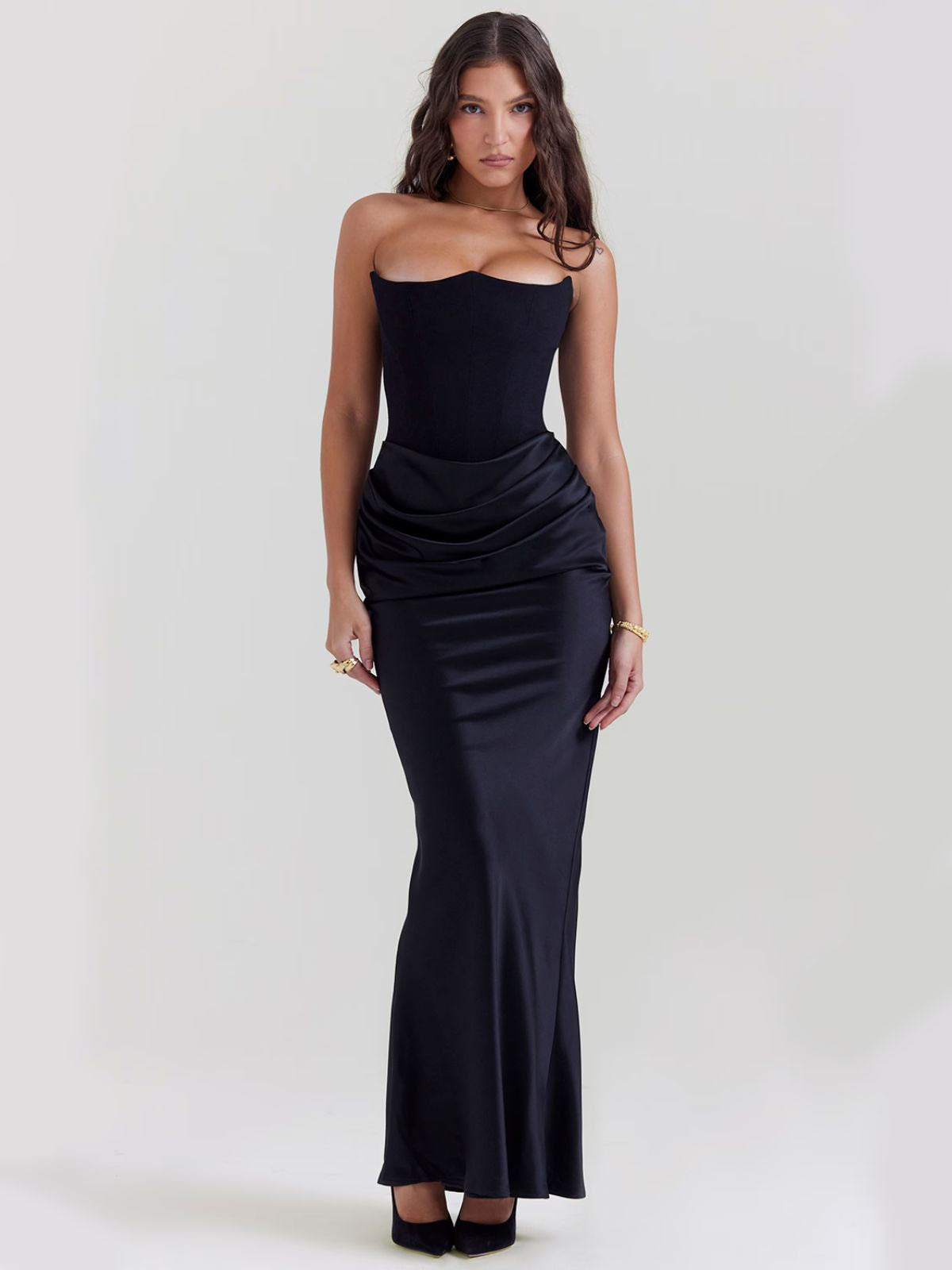 Celestine Corset Maxi Dress - Black, front angle showing the fitted corset bodice and luxurious draped satin skirt.
