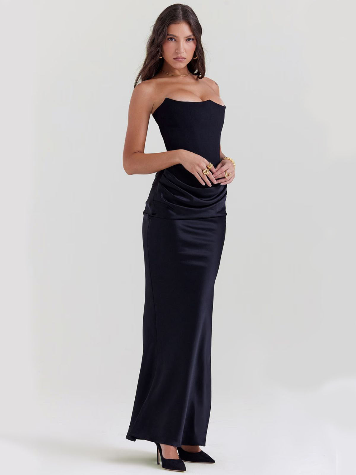 Celestine Corset Maxi Dress - Black, side angle showcasing the fitted corset design and elegant maxi-length silhouette.