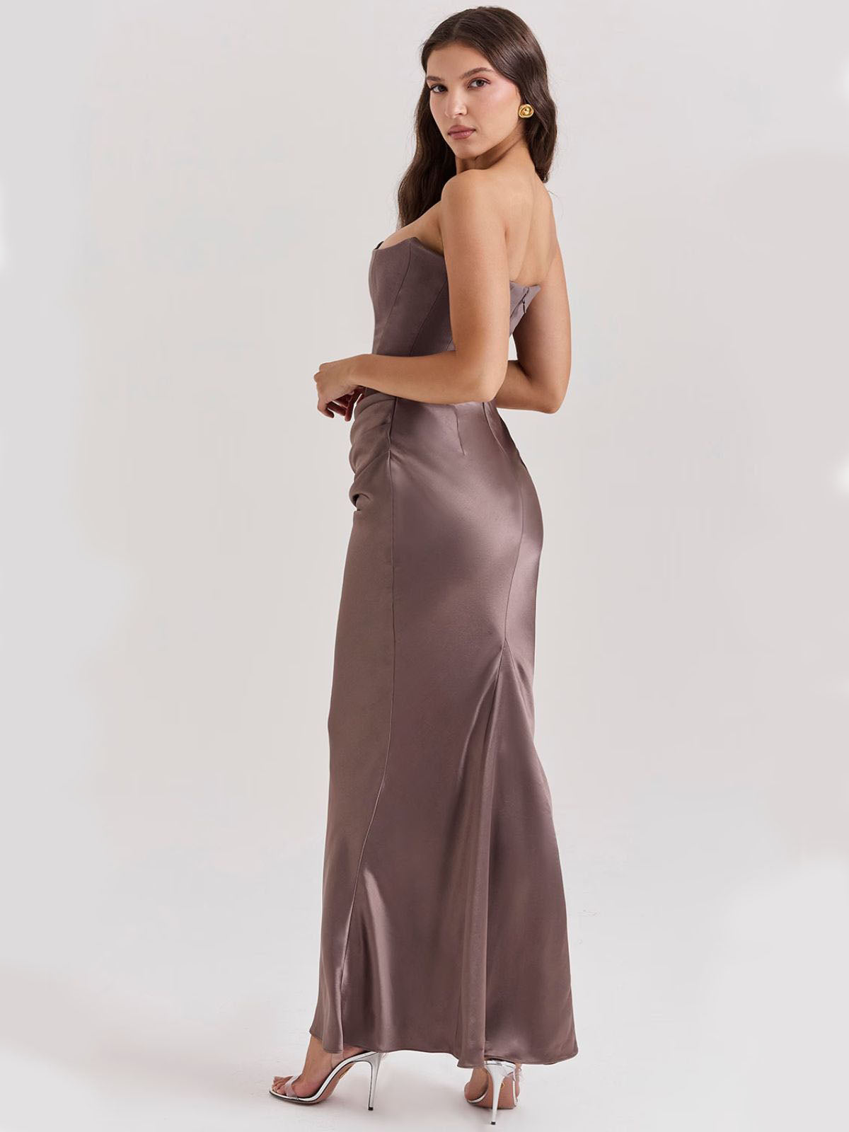 Celestine Corset Maxi Dress - Gray, angled view capturing the luxurious corset detailing and draped satin skirt.