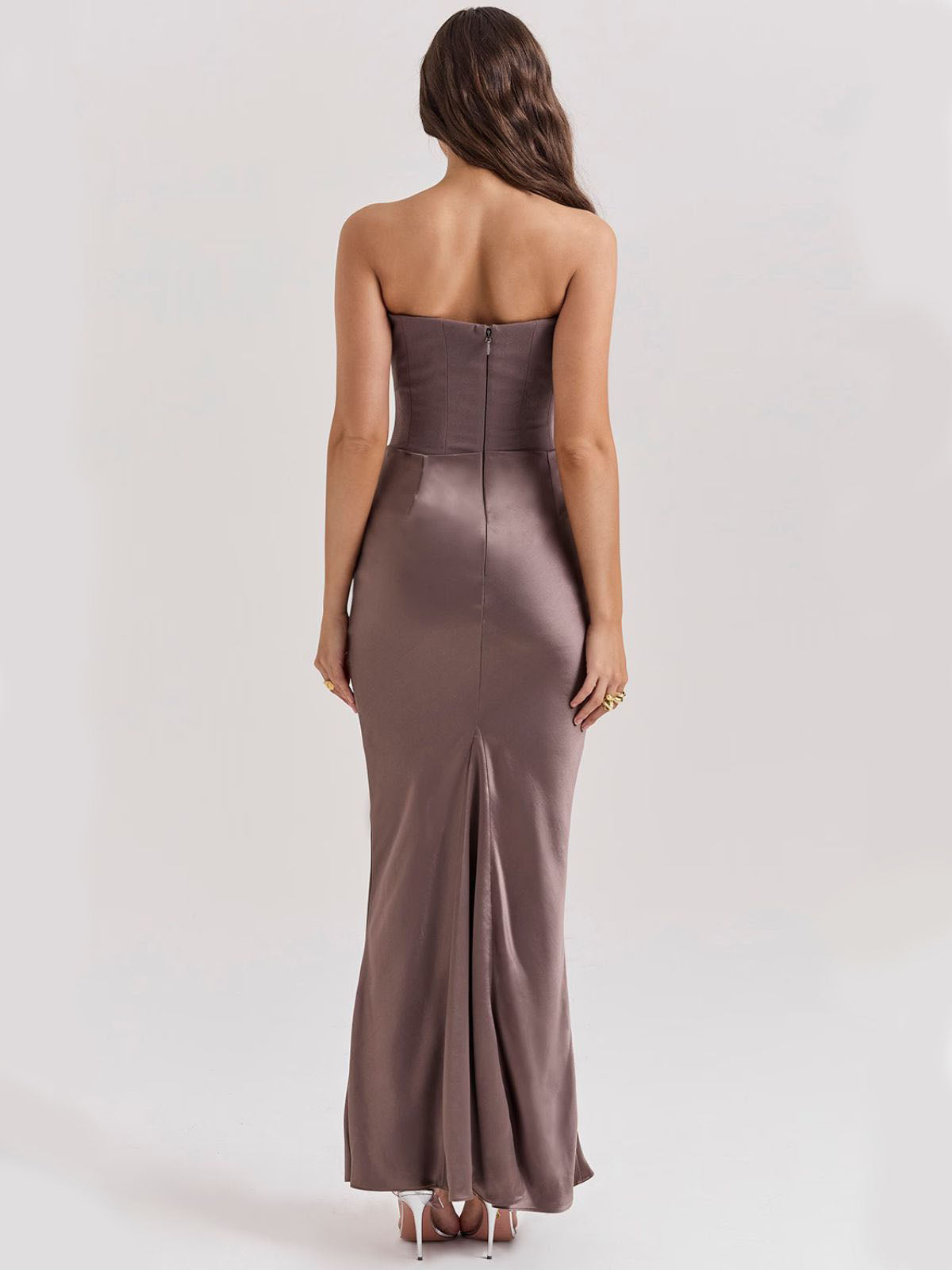 Celestine Corset Maxi Dress - Gray, back view showcasing the elegant satin finish and structured corset design.