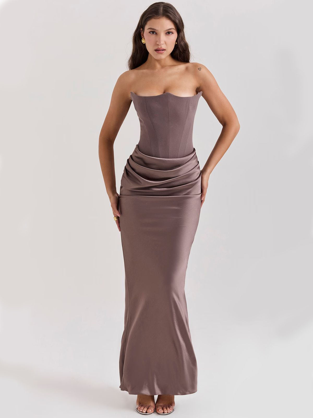 Celestine Corset Maxi Dress - Gray, front view featuring draped detailing and a sculpting corset bodice.