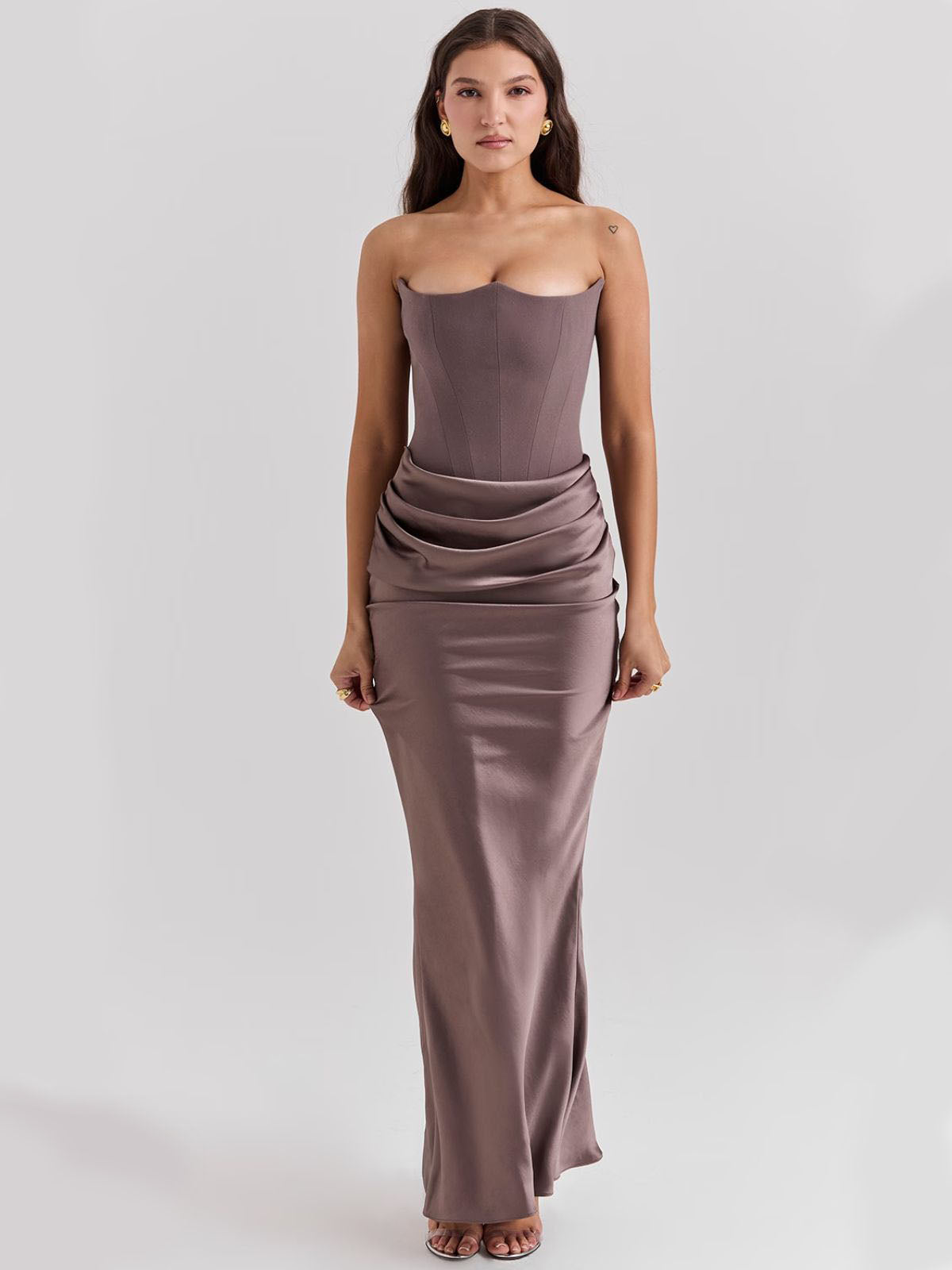 Celestine Corset Maxi Dress - Gray, front view with a straight stance highlighting the sleek fit and satin fabric.