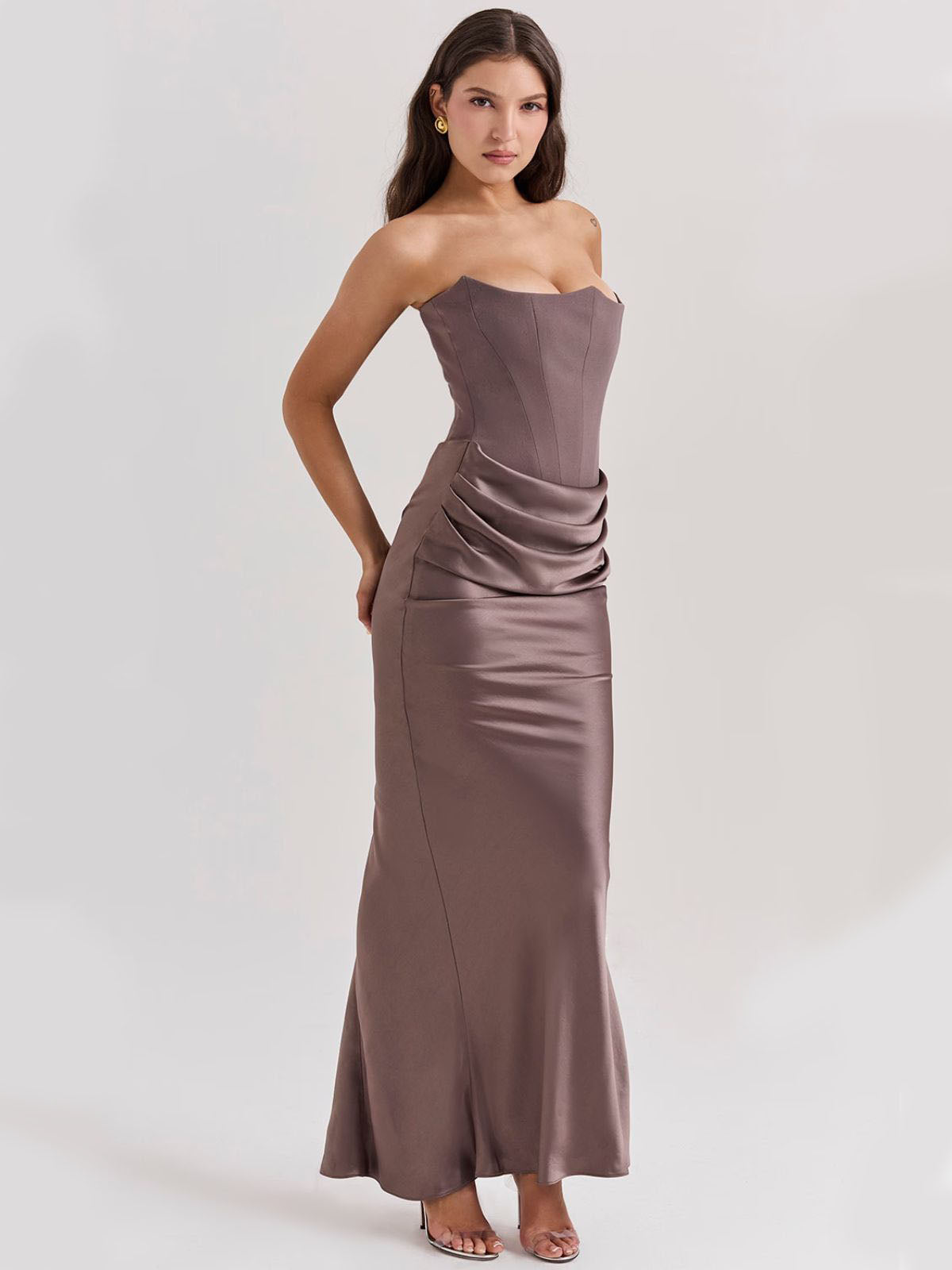 Celestine Corset Maxi Dress - Gray, side view showing the fitted silhouette and strapless corset structure.
