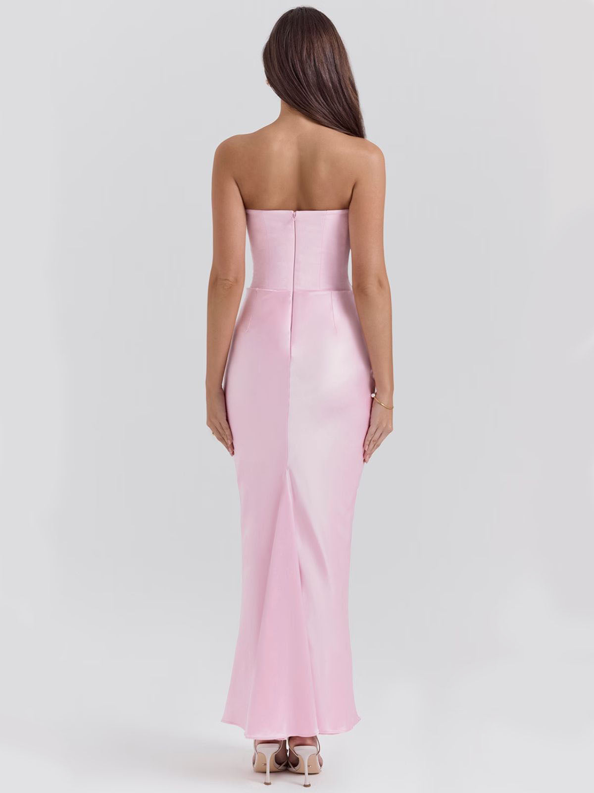 Celestine Corset Maxi Dress - Pink, back view displaying the smooth satin finish and zip closure for a seamless fit.