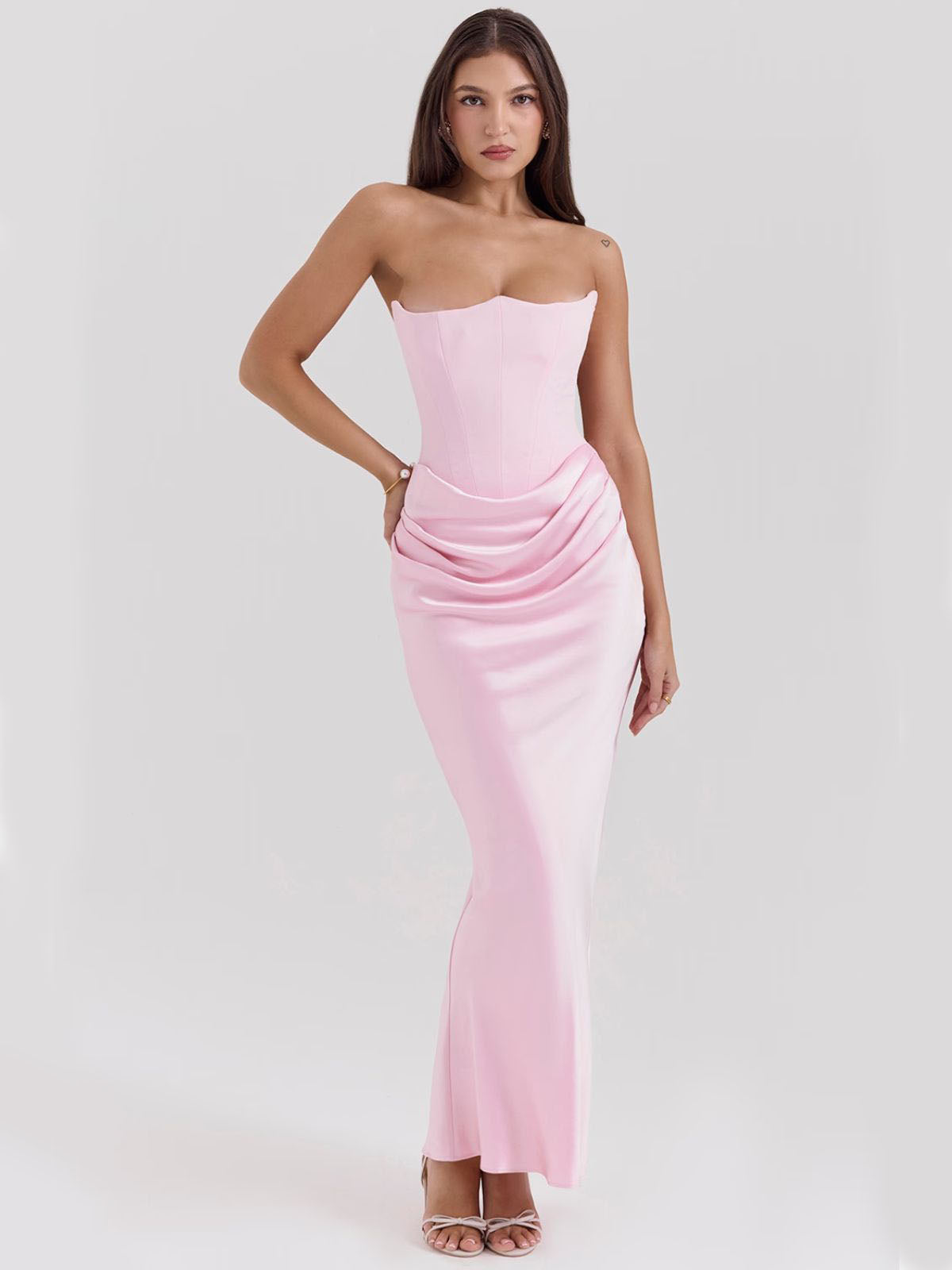 Celestine Corset Maxi Dress - Pink, front view featuring elegant draped satin details and a sculpting corset fit.