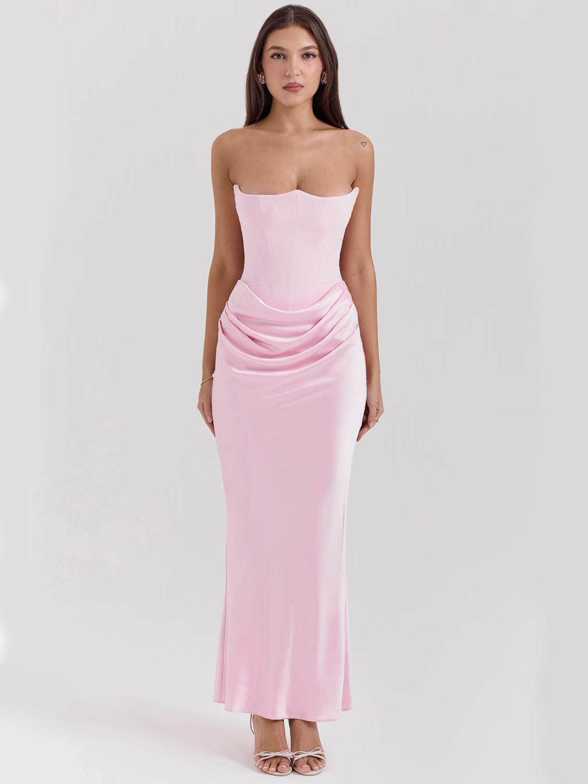 Celestine Corset Maxi Dress - Pink, full front view highlighting the strapless corset bodice and maxi-length satin skirt.