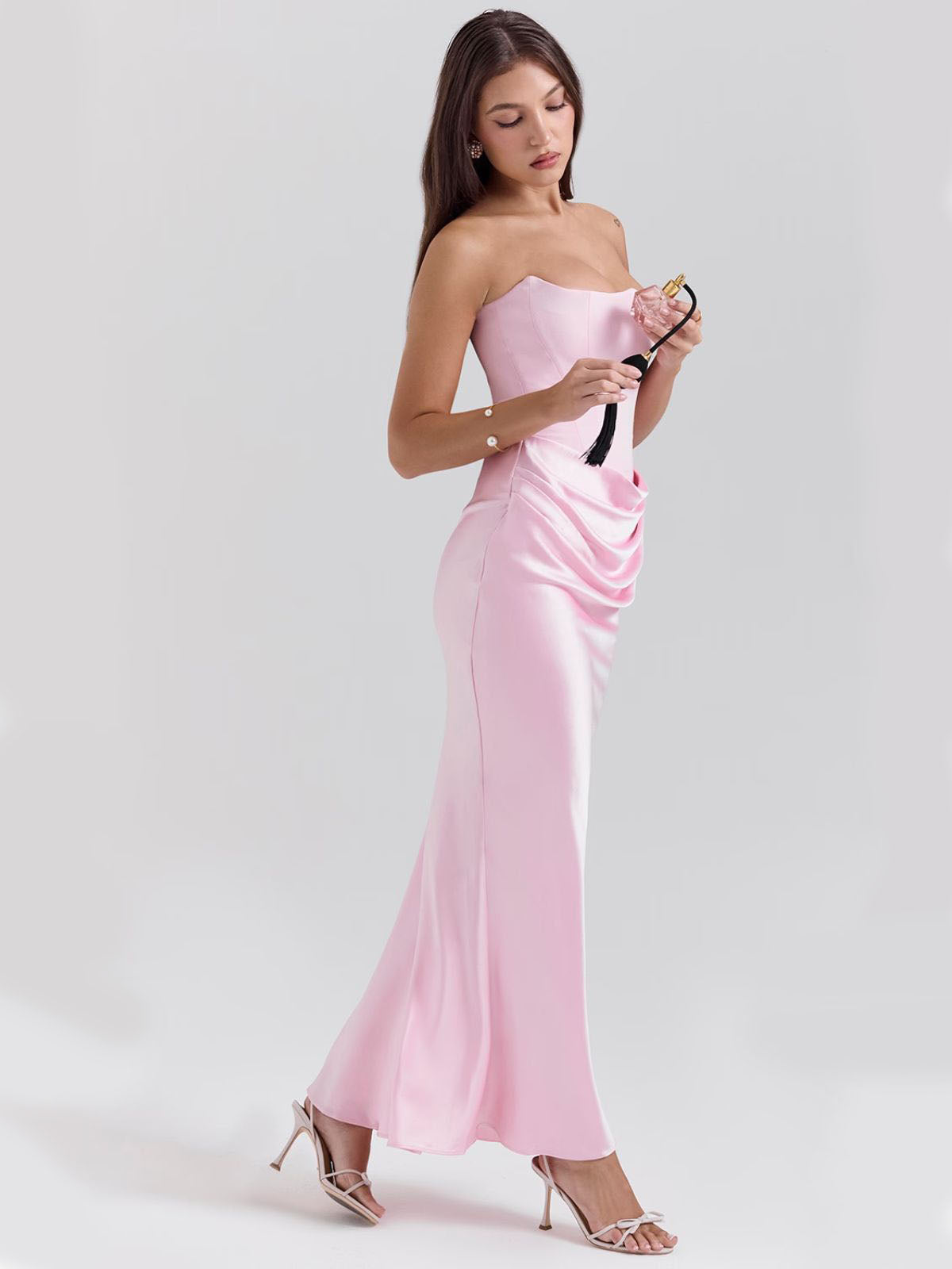 Celestine Corset Maxi Dress - Pink, full-length look emphasizing the sleek and elegant floor-length satin skirt.