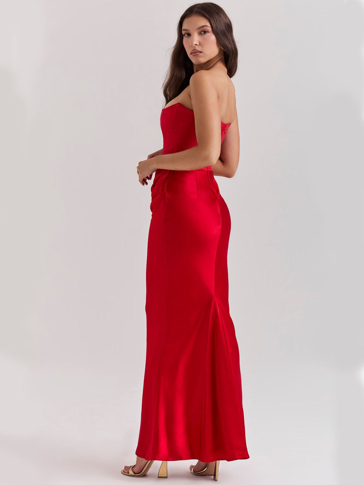 Celestine Corset Maxi Dress - Red, back view showcasing the smooth satin finish and tailored fit.