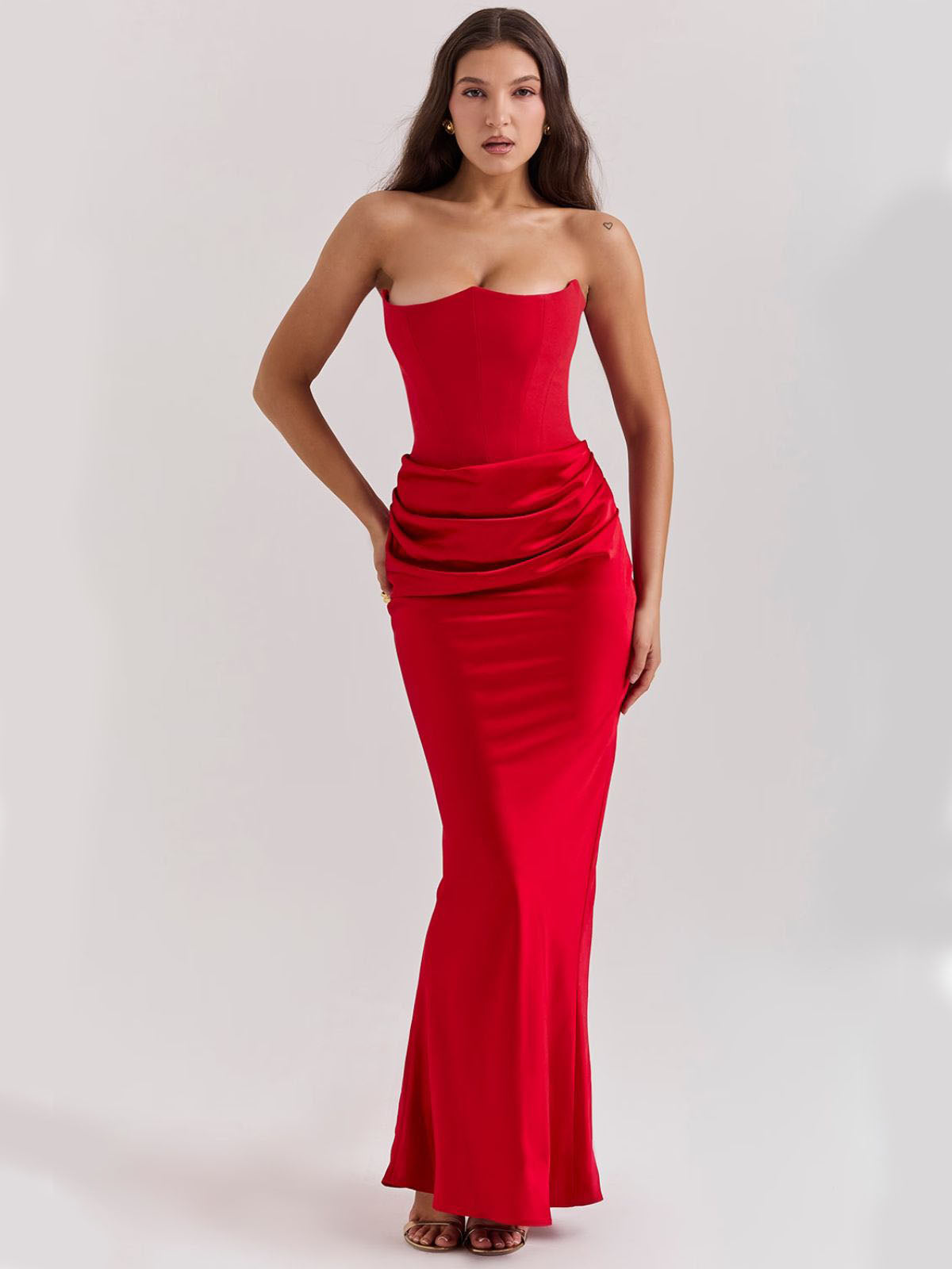 Celestine Corset Maxi Dress - Red, front view featuring draped satin details and a sculpting corset design.